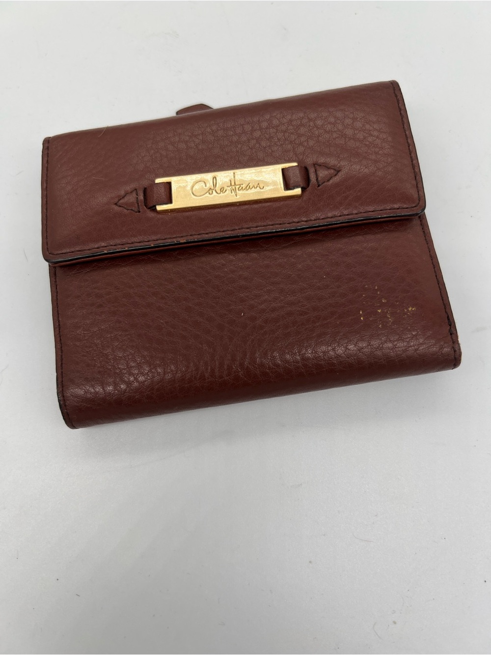Cole Haan Chocolate Brown Pebbled Leather Wallet with Gold Plaque